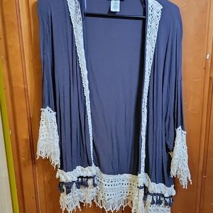 Weavers Fringed Blue and Cream Lace Trim Bolero